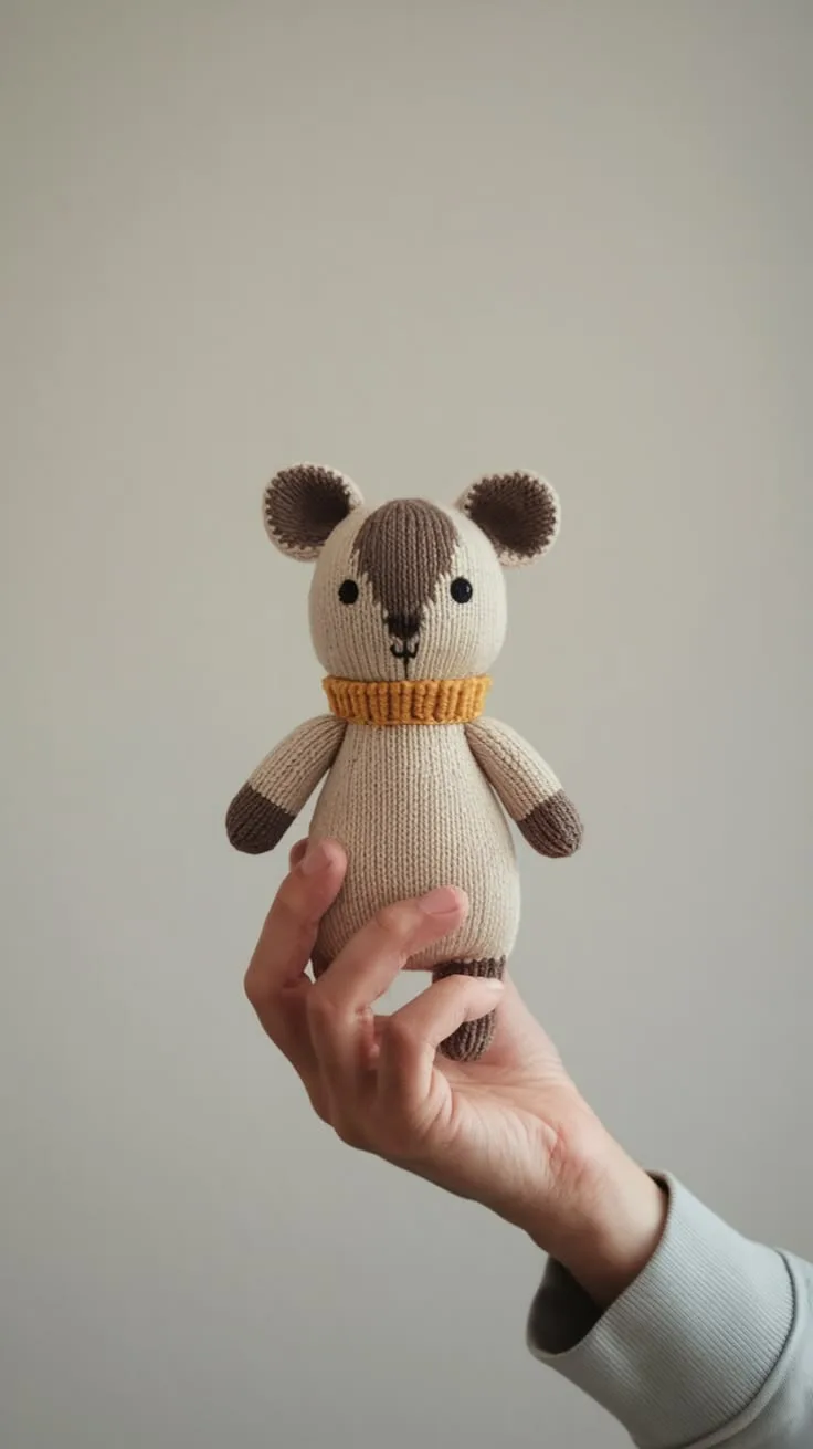 Knitted bear soft toy sample with a mustard scarf, held up in one hand