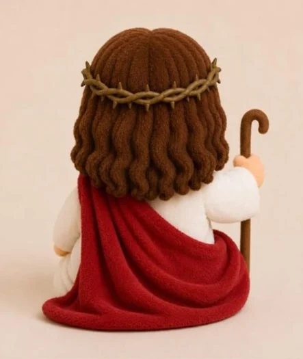 AI-generated reference image of the Jesus plush toy, back view showing the hair and red sash