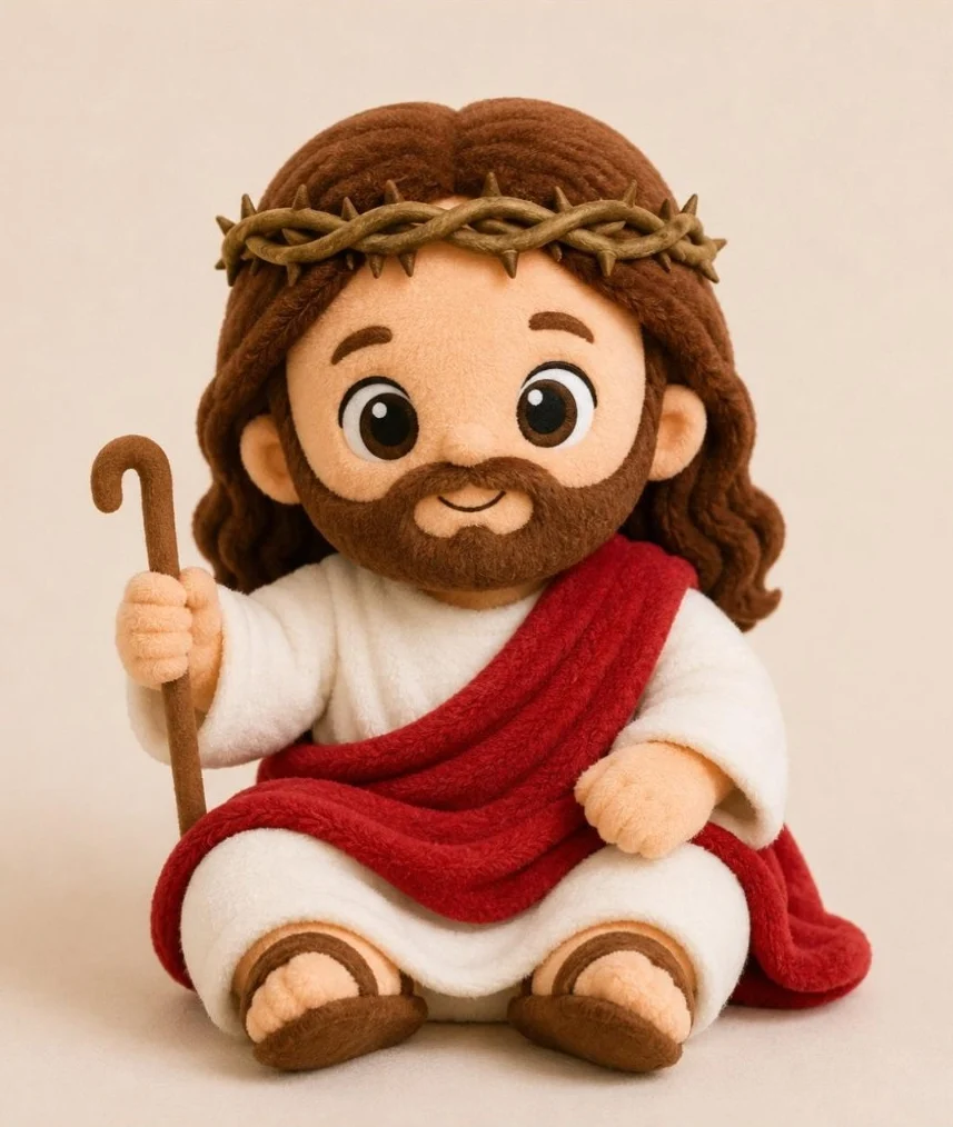 AI-generated reference image of a seated Jesus Christ plush toy with crown of thorns, shepherd's staff, white robe, and red sash