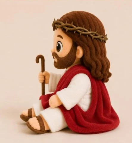 AI-generated reference image of the Jesus plush toy, side view holding a shepherd's staff