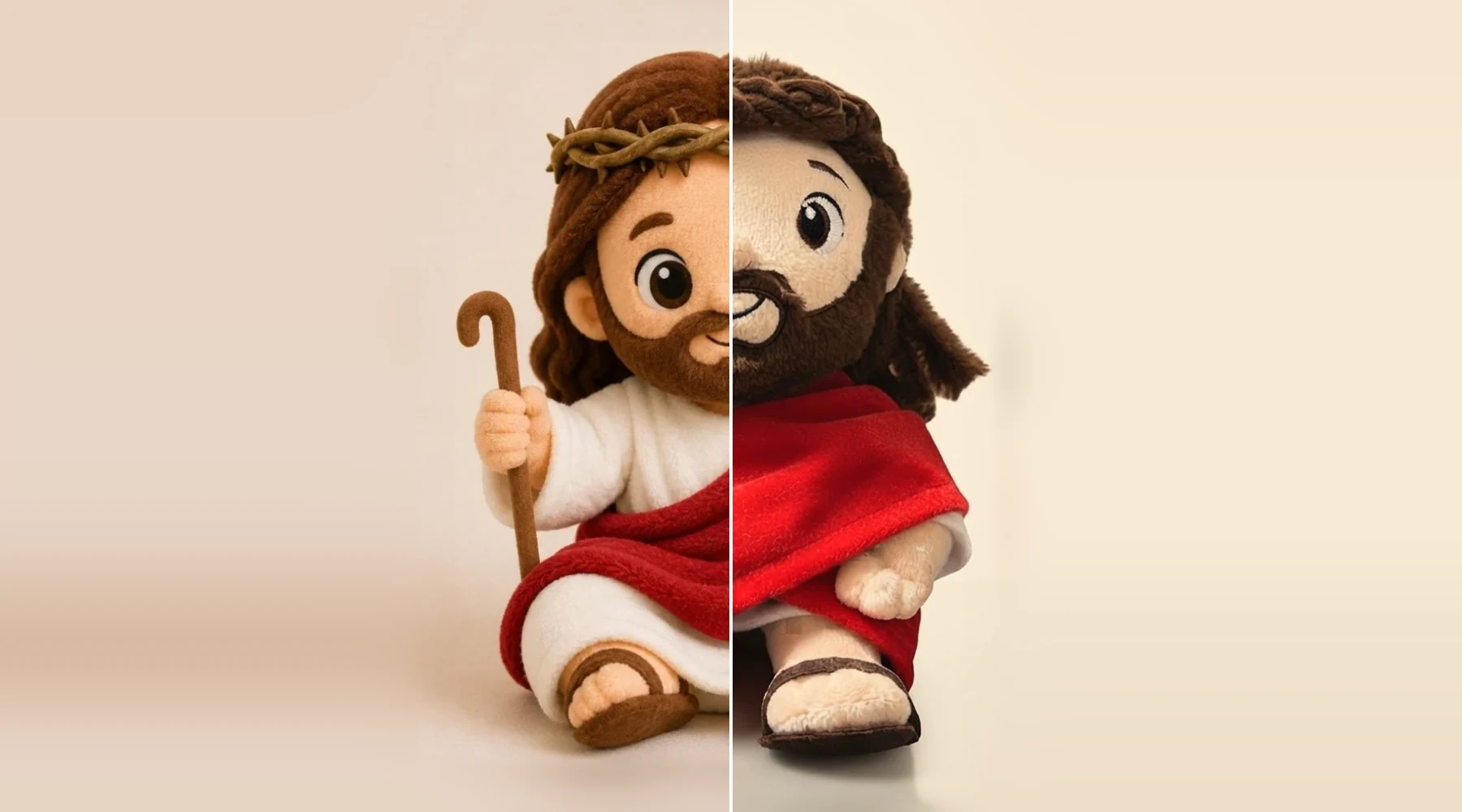 Split view of the Jesus plush toy: AI-generated concept on the left, finished plush toy on the right