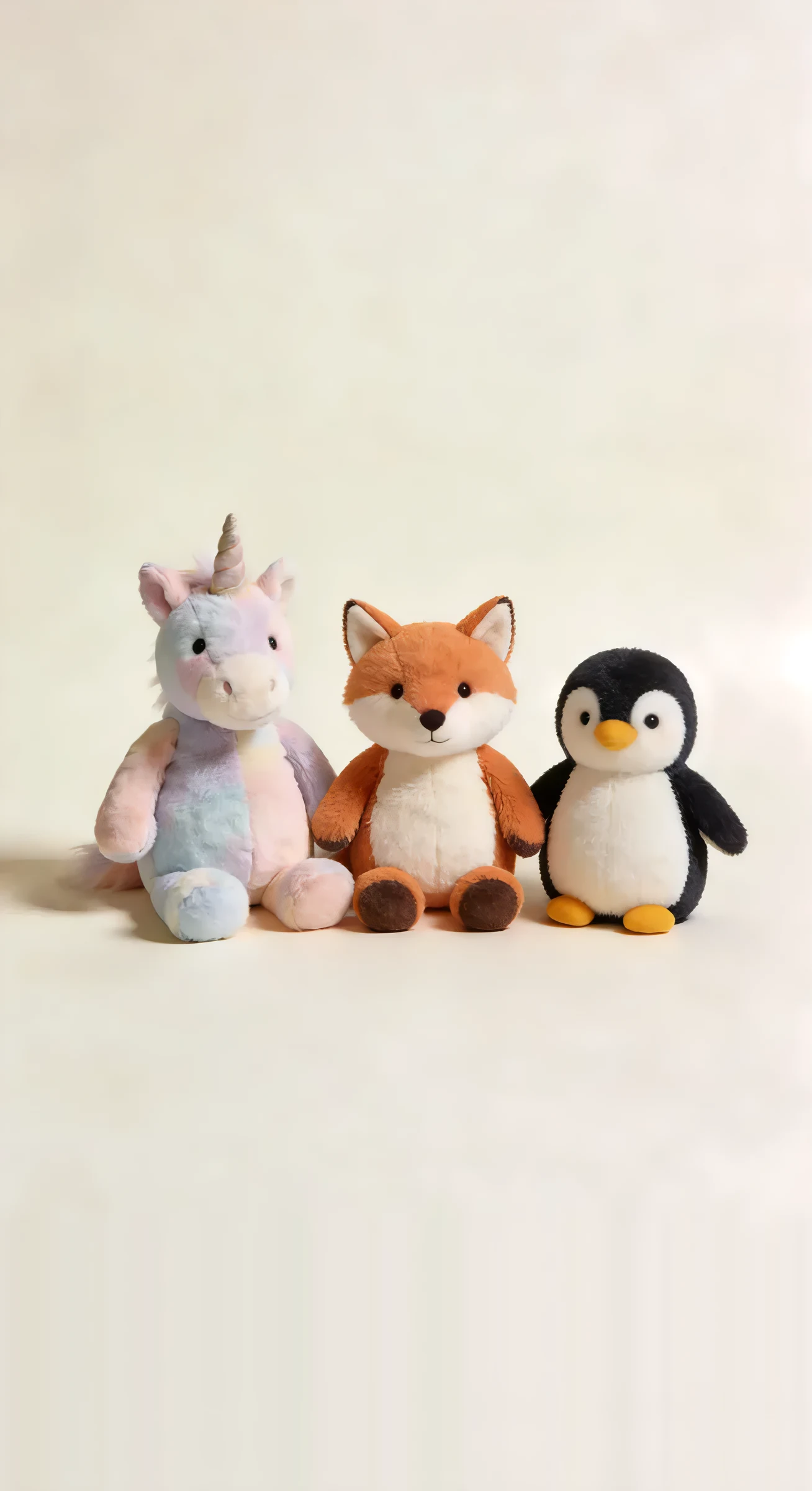 Pastel unicorn, fox, and penguin plush