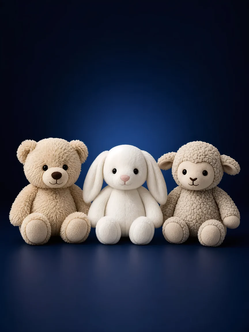 Plush bear, bunny, and lamb on a deep blue studio backdrop