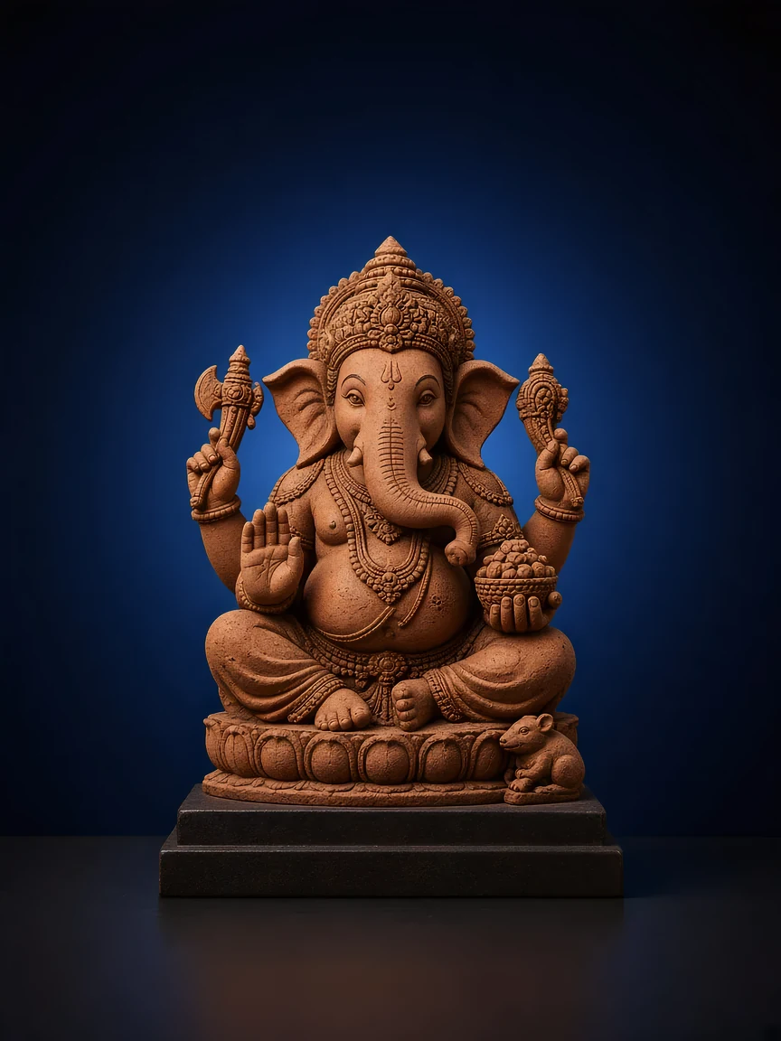 Carved Ganesha sculpture on a plinth, on a deep blue studio backdrop