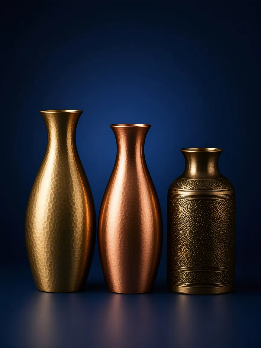 Hammered brass, copper, and engraved bronze vases on a deep blue studio backdrop