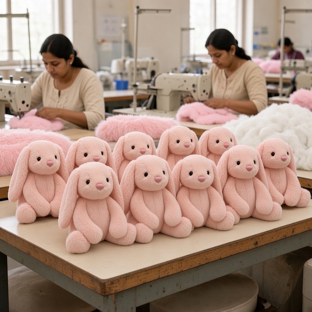 Rows of finished pink plush bunnies on a workshop table while artisans sew at machines behind