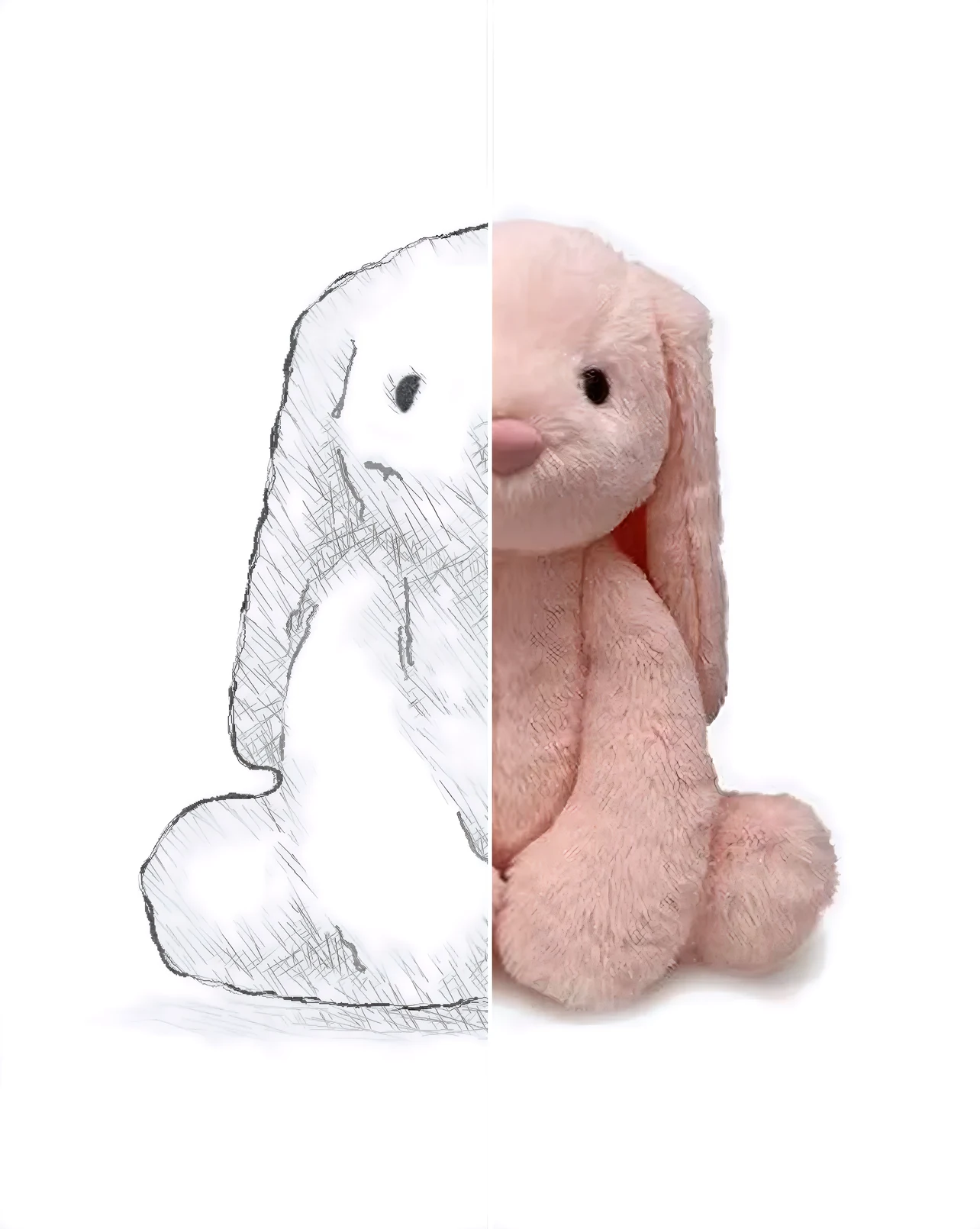 A soft toy bunny shown half as a pencil sketch and half as the finished sample