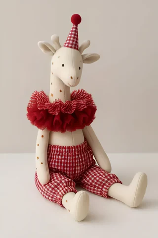 Giraffe plush in a red outfit